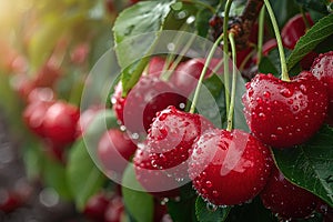 Red and sweet cherries on a branch just before harvest in early summer