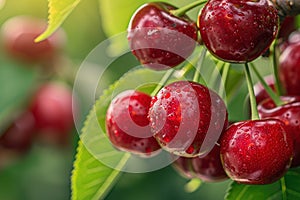 Red and sweet cherries on a branch just before harvest in early summer