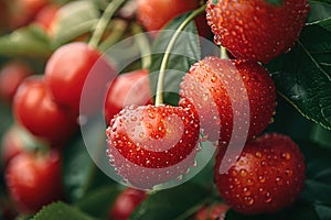 Red and sweet cherries on a branch just before harvest in early summer