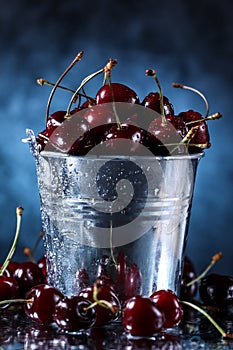 Red sweet cherries close up in a metal bucket on a dark and blue background. Summer taste.