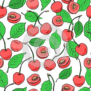 Red sweet cherries and green leaves. Vector hand drawn illustration, seamless pattern