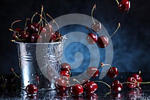 Red sweet cherries in a metal bucket on a dark and blue background. Summer taste. Fresh berries under the water drops.