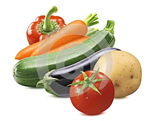 Red sweet pepper, carrot, zucchini, aubergine, tomato, potato and tomato isolated on white background