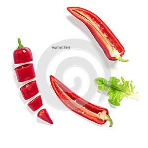 Red sweet pepper cut sliced and lettuce leaf isolated on white background. Creative layout. Top view, flat lay.