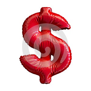 Red symbol dollar made of inflatable balloon isolated on white background.