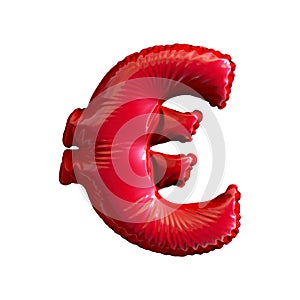 Red symbol euro made of inflatable balloon isolated on white background.