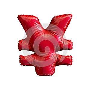 Red symbol yen made of inflatable balloon isolated on white background.