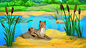 Red tabby cat near a pond illustration