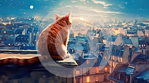 A red tabby cat sits on the roof of a house in Paris and looks at the moon, a beautiful view. Generative AI