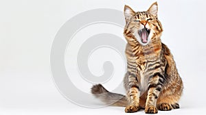 A red tabby feline with stripes sits, tail draped across front legs, and