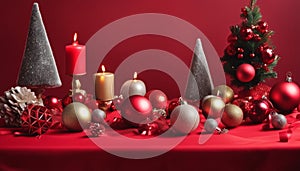 A red table with Christmas decorations