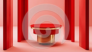 Red table with vertical red curtains.