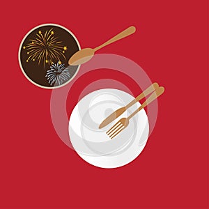 Red table with white plate, paper coaster with fireworks and cutlery
