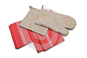 Red Tablecloth made of linen with red stripes and brown gloves