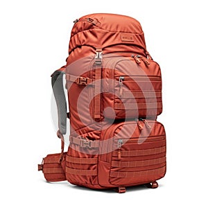 Red tactical backpack isolated on white background