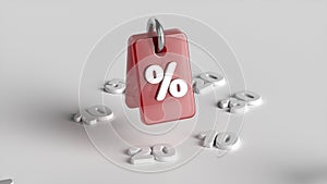 Red tag with the image of percent on a white background with numbers. 3d rendering