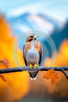 Red-tailed hawk perched on branch during vibrant autumn in the forest photo