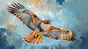 A red-tailed hawk soaring in the sky, in the style of digital art with brush strokes.