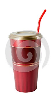 Red takeaway plastic cup with drinking straw isolated on white background including clipping path