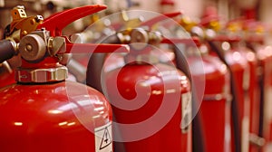 Red tank of fire extinguisher. Overview of a powerful industrial fire extinguishing system. Emergency equipment for