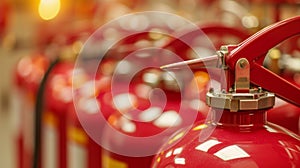 Red tank of fire extinguisher. Overview of a powerful industrial fire extinguishing system. Emergency equipment for