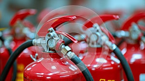 Red tank of fire extinguisher. Overview of a powerful industrial fire extinguishing system. Emergency equipment for