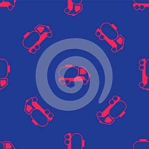 Red Tanker truck icon isolated seamless pattern on blue background. Petroleum tanker, petrol truck, cistern, oil trailer