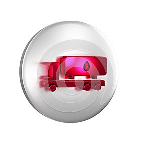 Red Tanker truck icon isolated on transparent background. Petroleum tanker, petrol truck, cistern, oil trailer. Silver