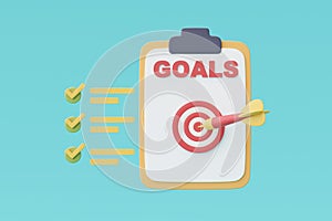 Red target and arrow on clipboard with checklist,3d rendering photo