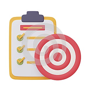 Red target and arrow on clipboard with checklist,3d rendering photo