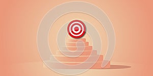 Red target icon or dartboard with stand or podium on pastel background. Goal and success concept.