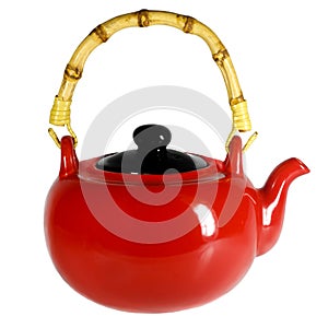 Red teapot with a bamboo handle
