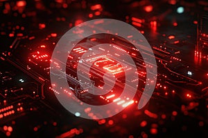 Red technology background: A tech-themed background in vibrant red featuring circuit patterns and digital designs. photo