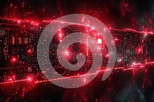 Red technology background: A tech-themed background in vibrant red featuring circuit patterns and digital designs. photo