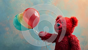 The red teddy bear\'s delight as it plays with a vibrant toy balloon