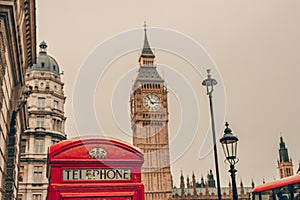 Red telephone booth and Big Ben in London