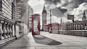 Red telephone booth and Big Ben in London, England, the UK. The photo