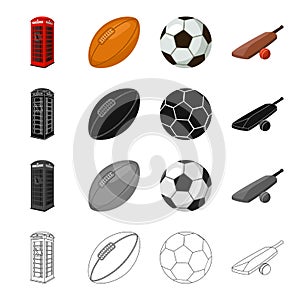 Red telephone booth, rugby ball and football, English cricket game. England set collection icons in cartoon black