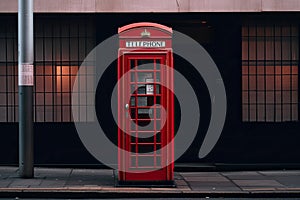 A red telephone booth is on the sidewalk in front of a building.