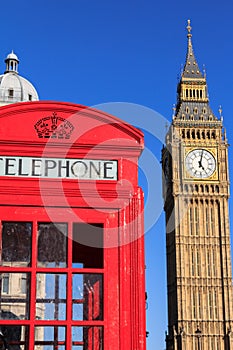 Red Telephone Box and Big Ben, London, England