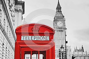 Red telephone box and Big Ben. London, UK