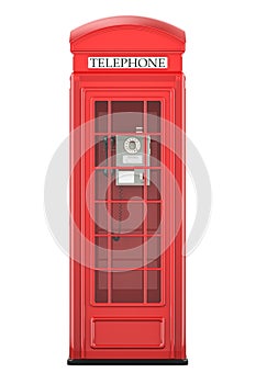 Red telephone box, front view. 3D rendering