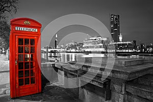 Red Telephone Box by the Thames, Night Scene