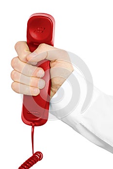 Red telephone receiver with hand