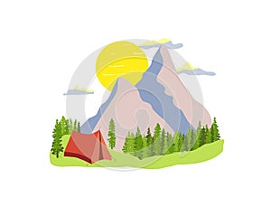 Red tent with forest and blue mountains in the background, sun, clouds. Simple flat design illustration isolated on whte backgroun