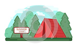 Red tent. Green Summer camp background. Vector geometric flat trend illustration