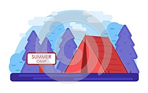 Red tent. Violet Summer camp background. Vector geometric flat trend illustration