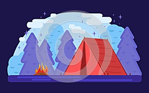 Red tent. Violet Summer camp background. Vector geometric flat trend illustration