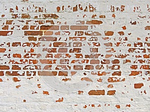 Red, Terracotta and White Brick Background. Old Wall of Red Bricks and White Brayed and Cracked Old Paint.