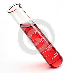 Red test tube with liquid isolated on white background photo